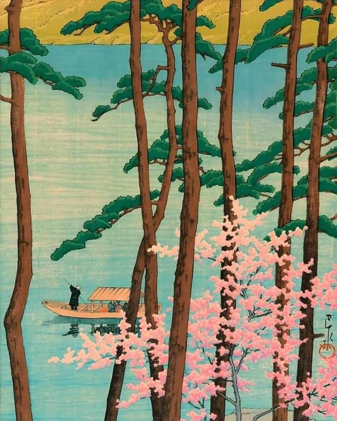 Spring in Mount Atago (c. 1920) A vibrant woodcut print by Hasui