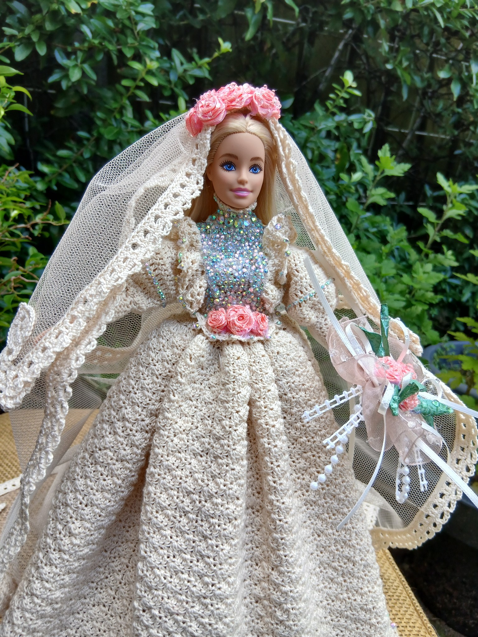 Handmade Crochet Wedding Gown for Aurora Borealis Bride Barbie Doll