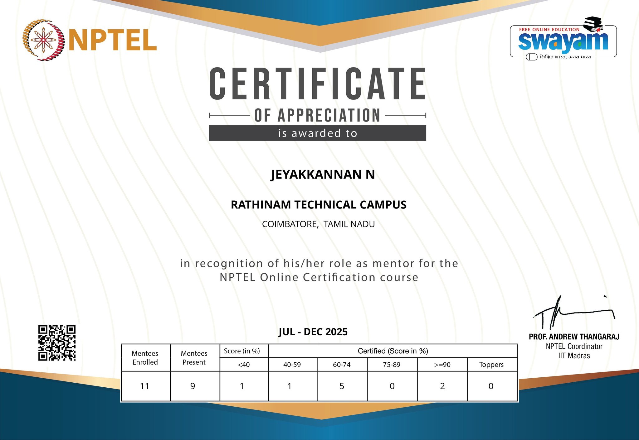 Jeyakkannan - Honoured to receive the NPTEL Certificate of Appreciation ...