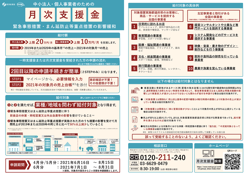 石田一也 ６月１６日から 月次支援金 の申請受付が始まります 緊急事態措置 又は まん延防止等重点措置 に伴う 飲食店の休業 時短営業 や 外出自粛等 の影響により 売上が50 以上減少した中小法人 個人事業者等の皆様に 月次支援金 上限は中小企業