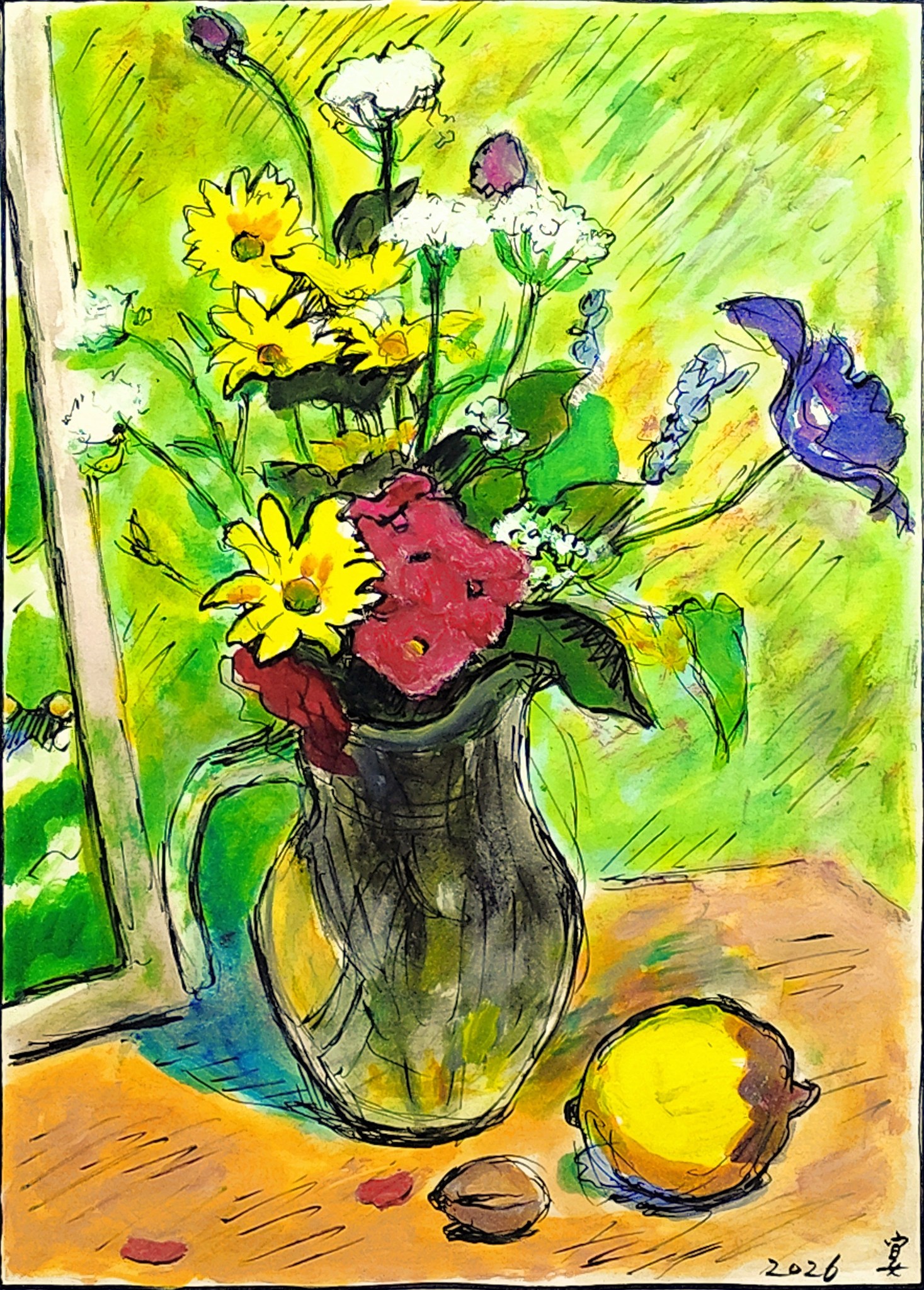 夜 ー 花 ｣ 35 x 25 cm 紙にインク墨と水彩 2026 花見 宴 * 作者蔵