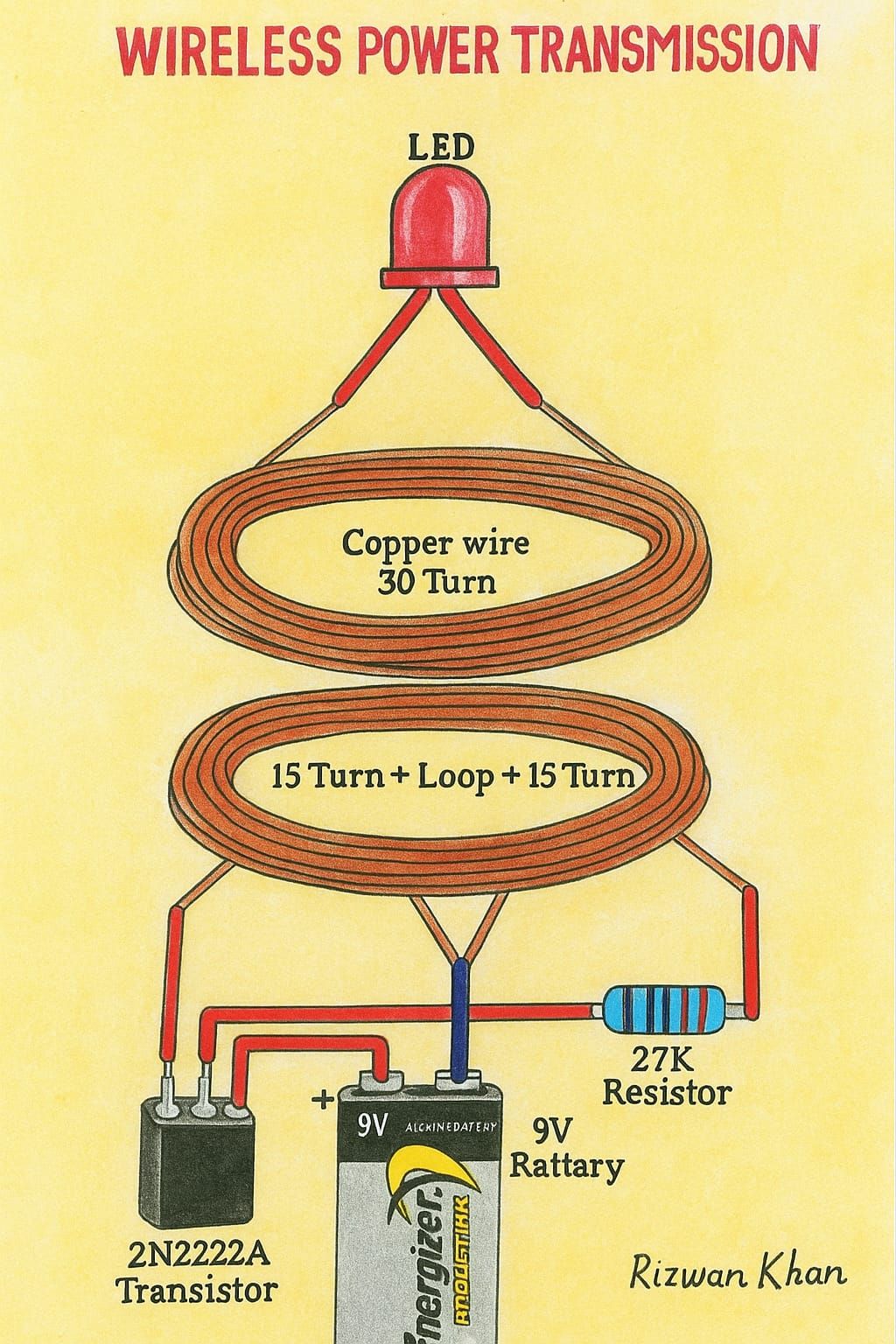 Rizwan - The circuit uses a 9V battery, a 2N2222A transistor, a 27K ...