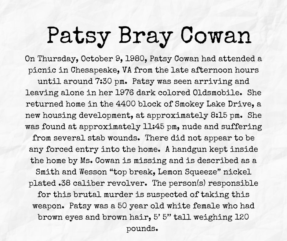 Patsy Bray Cowan... - Virginia Beach Cold Case Homicide Unit