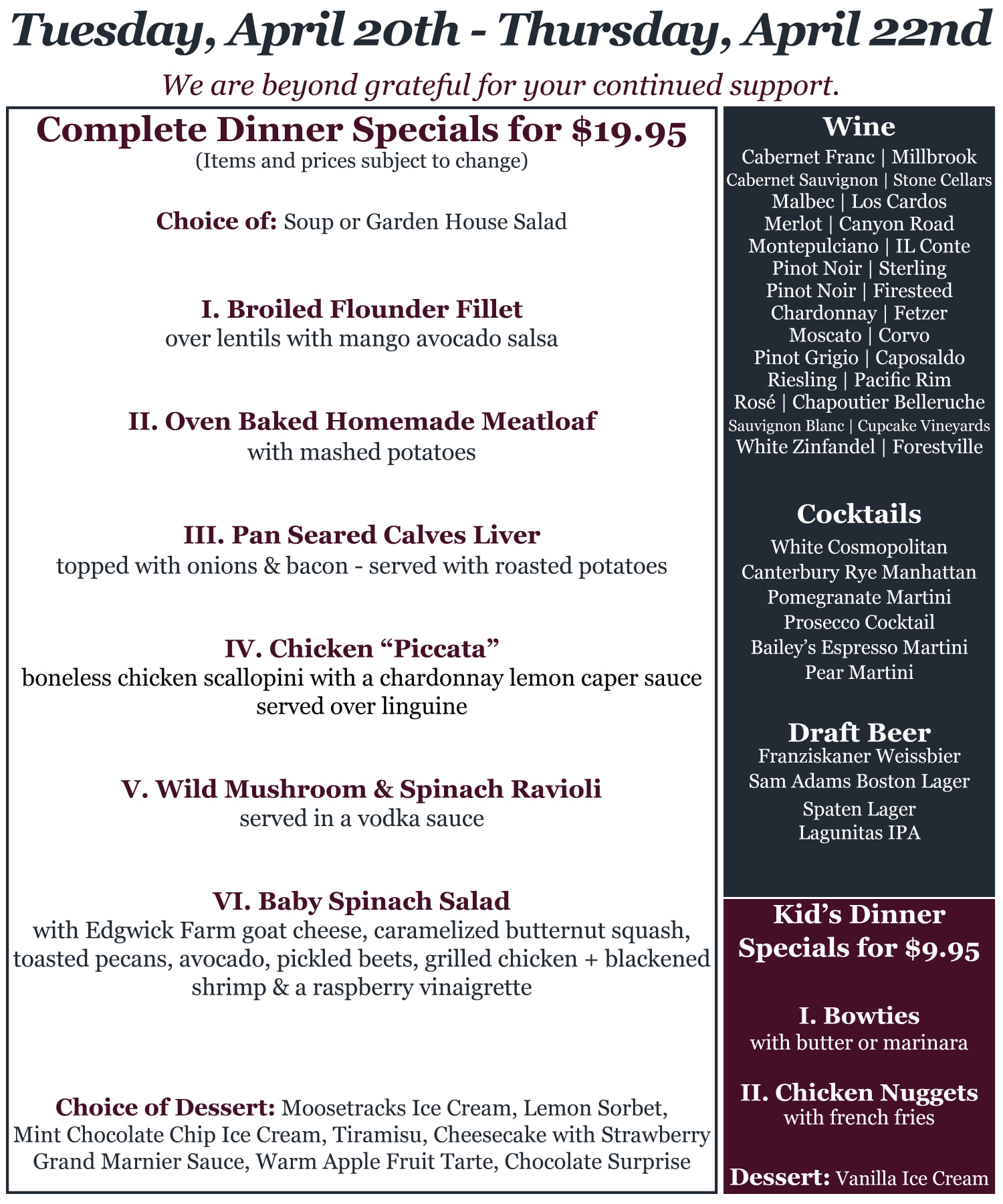 Here is our menu for the... - The Canterbury Brook Inn