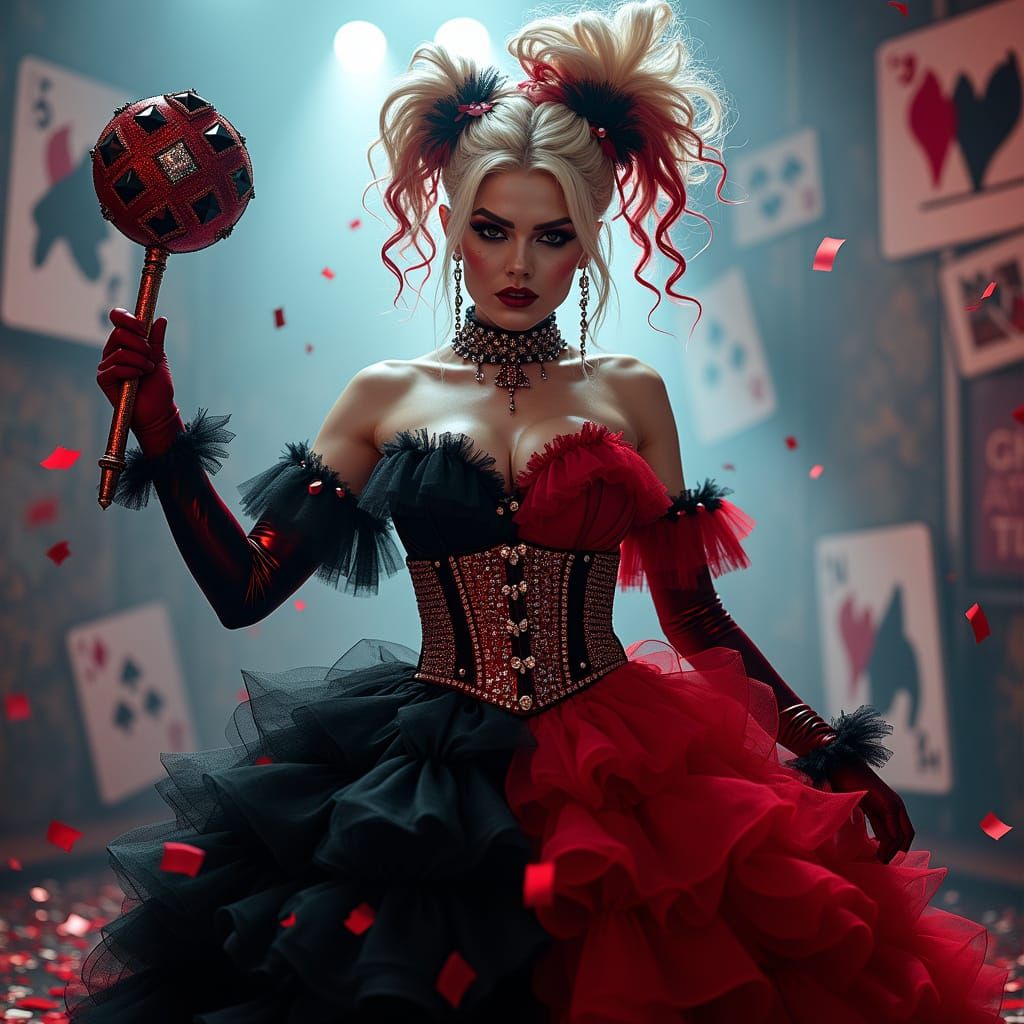 Vibrant red and black Harley Quinn costume dress. This garment is made of velvet-like and satin-like polyester materials. It has a diamond pattern on the chest and includes a matching black belt