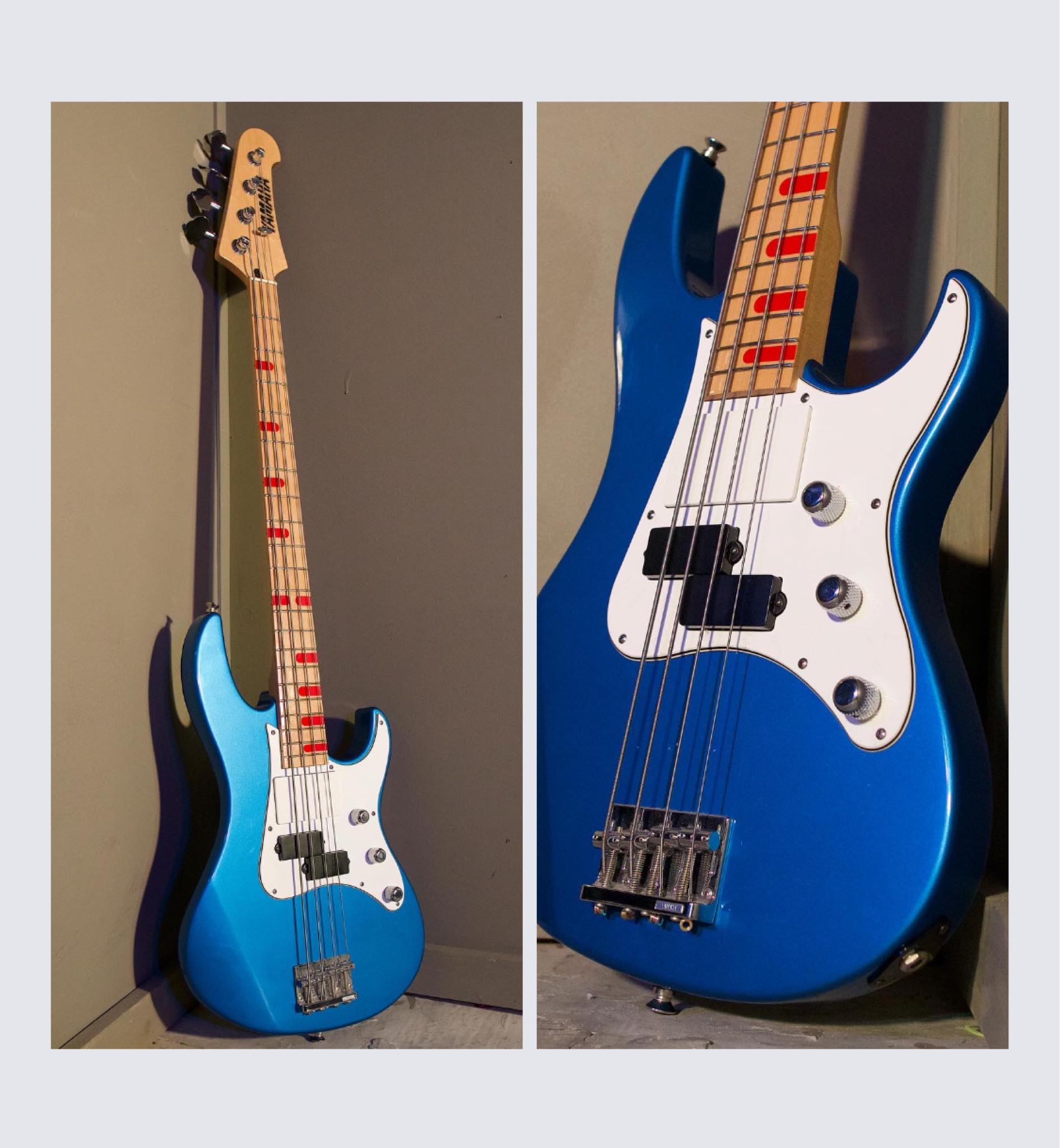 Yamaha Attitude basses customized with Monkey Grip and swirl paint