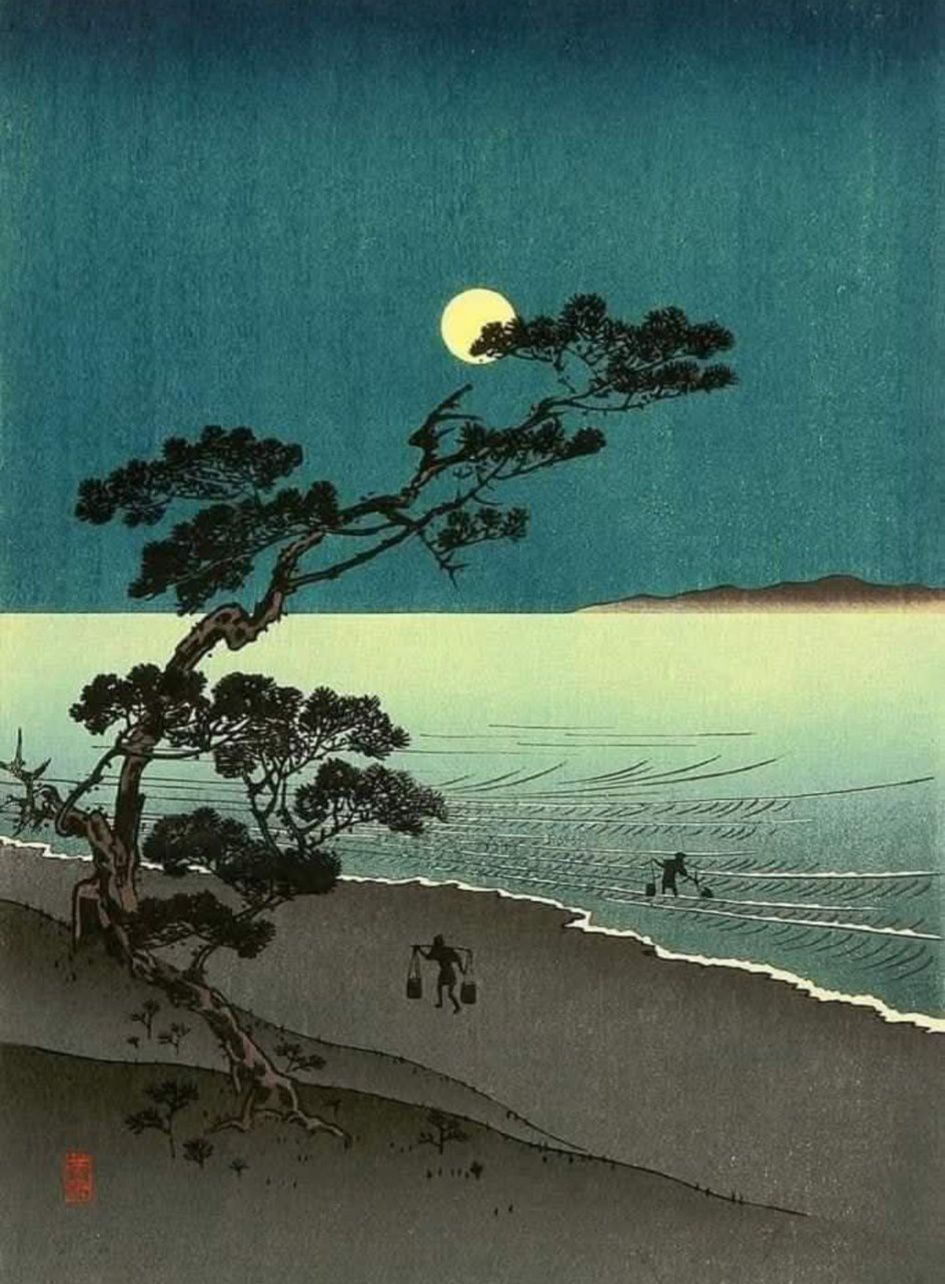 Yoshimune Arai's Suma Beach at Night woodblock print