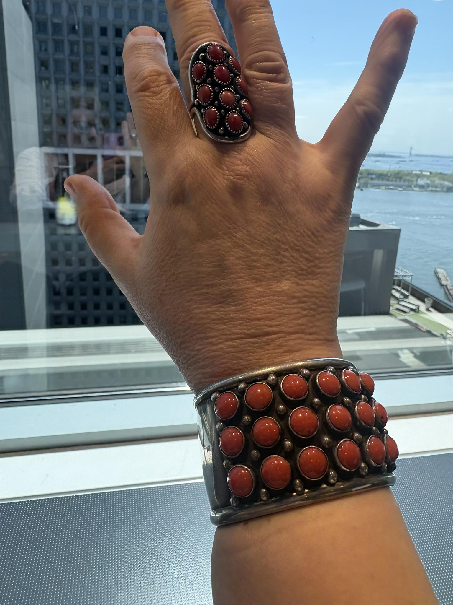 Navajo Coral bracelet and ring by Paul Arviso and Kevin Yazzie
