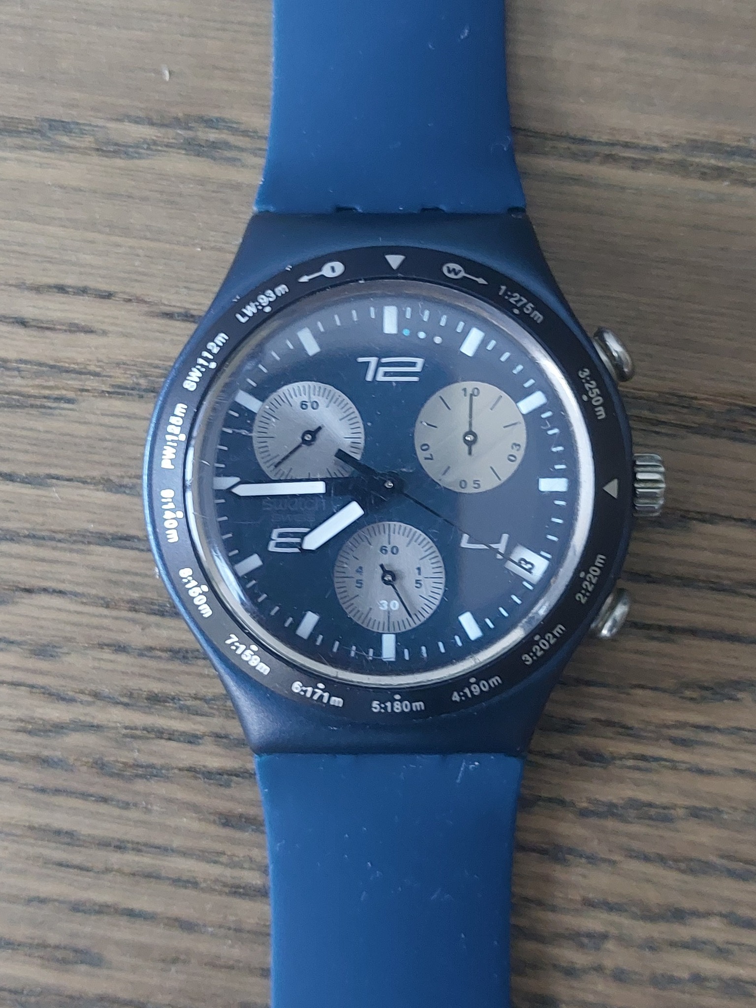 Swatch watch with replacement blue rubber strap