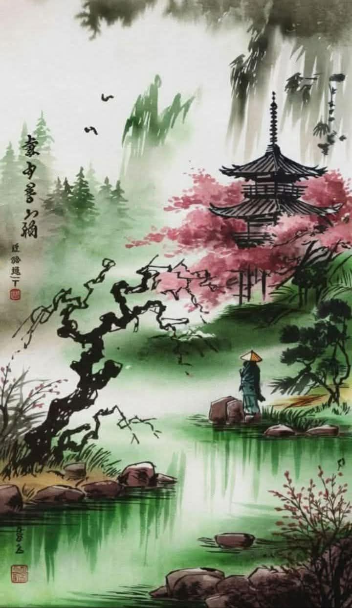 Watercolor painting of a serene Japanese garden