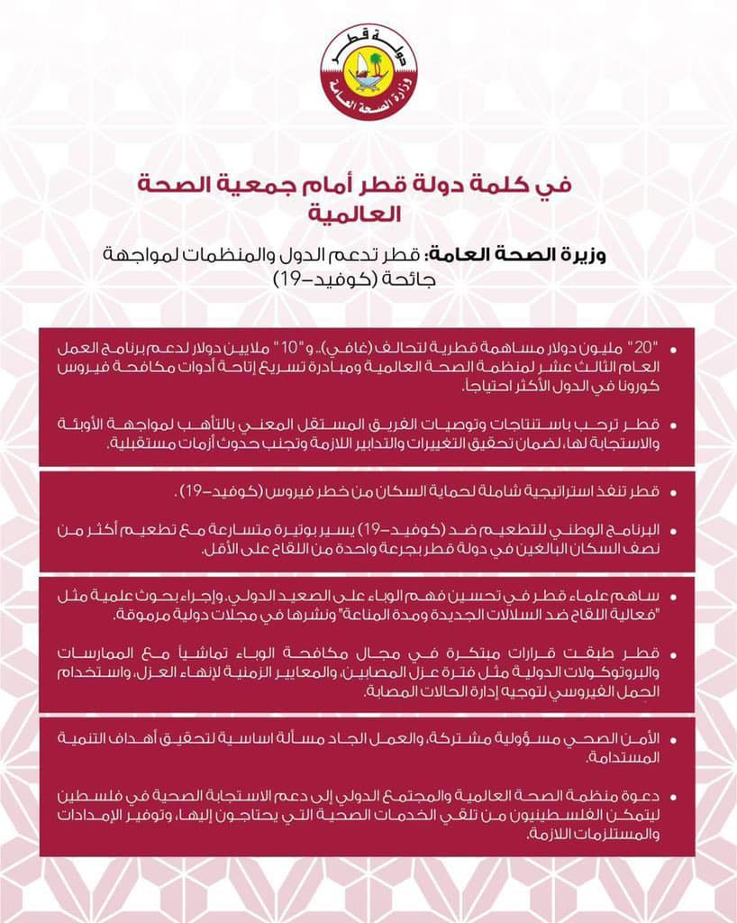 شبكة مرسال قطر في كلمة دولة قطر أمام جمعية الصحة فيسبوك