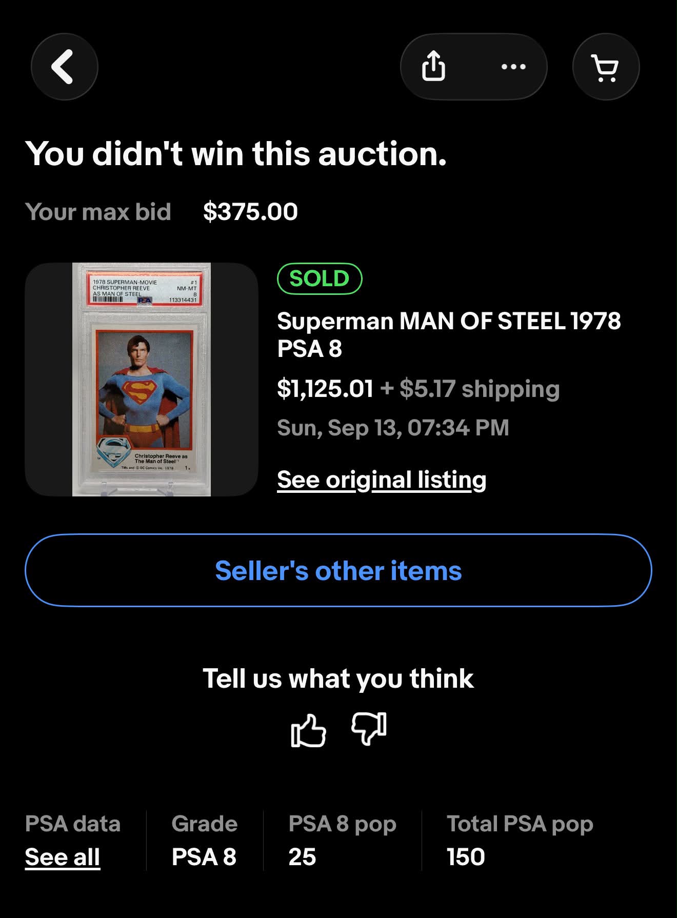 1978 Superman PSA 8 just sold for $1125 plus. Wow.