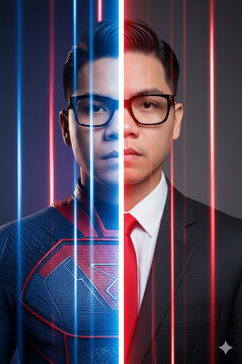 Joanie - A split portrait of a man (attached photo), half in superhero ...