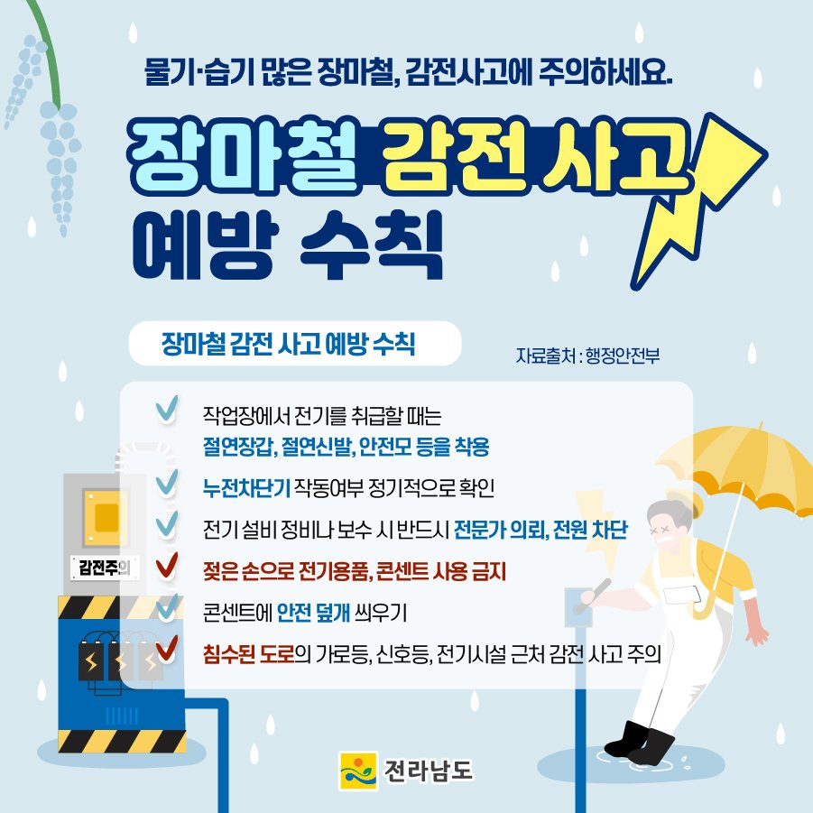 전라남도 - 장마철 감전 사고 예방 수칙📌 물기·습기 많은 장마철, 감전사고에 주의하세요!