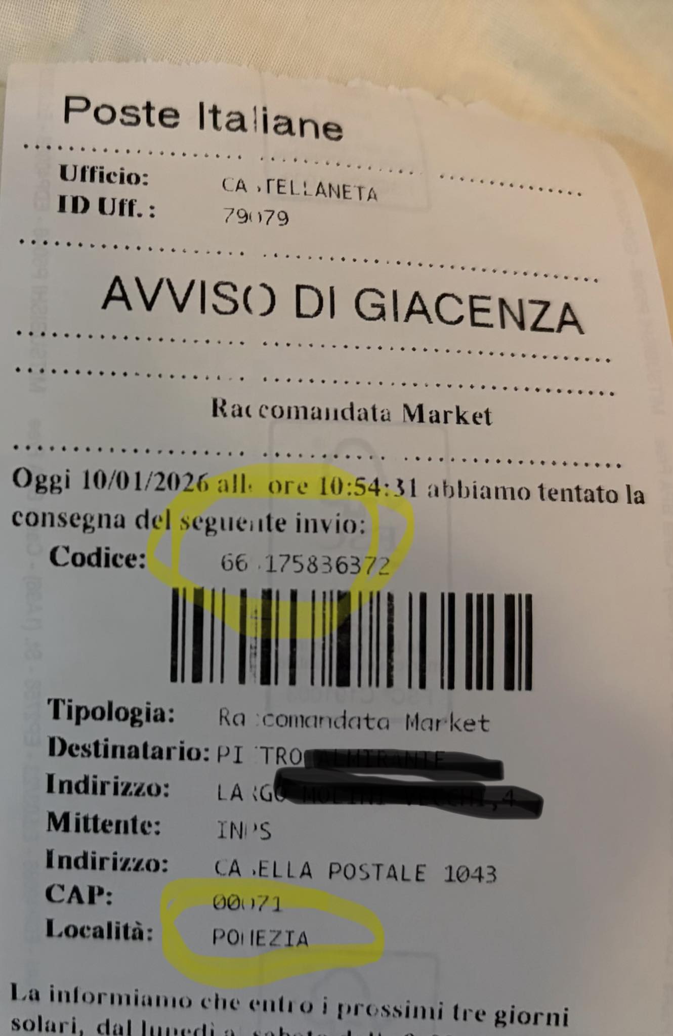 Codici Raccomandate Postali | Buongiorno ho ricevuto un avviso di ...