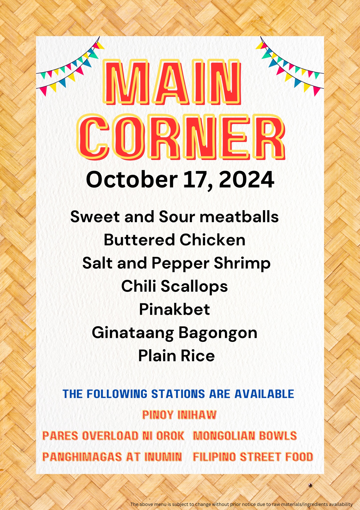 Cianos - Here's our Main Corner Menu for our Lunch Buffet: October 17 ...