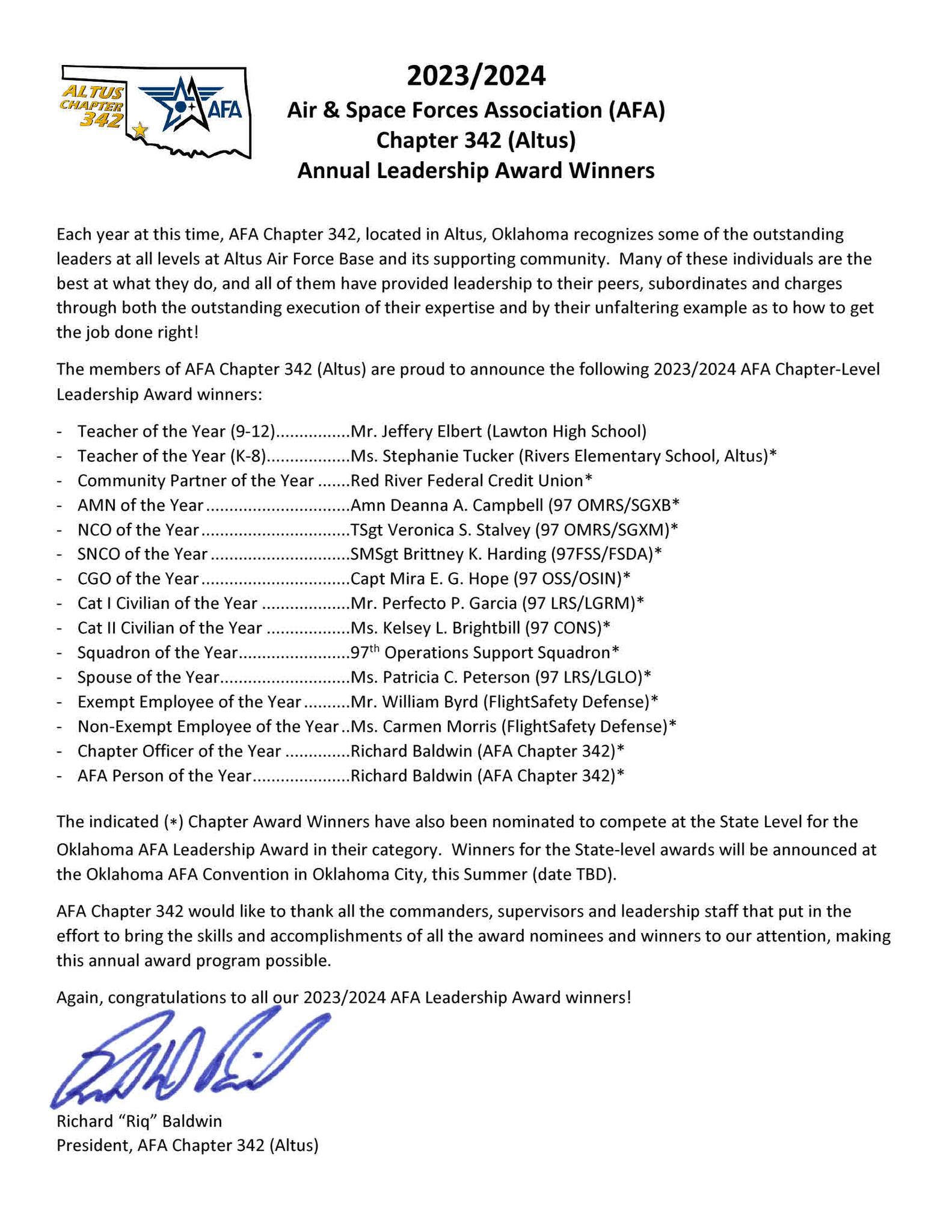 Congratulations to our... - AFA Chapter 342, Altus OK