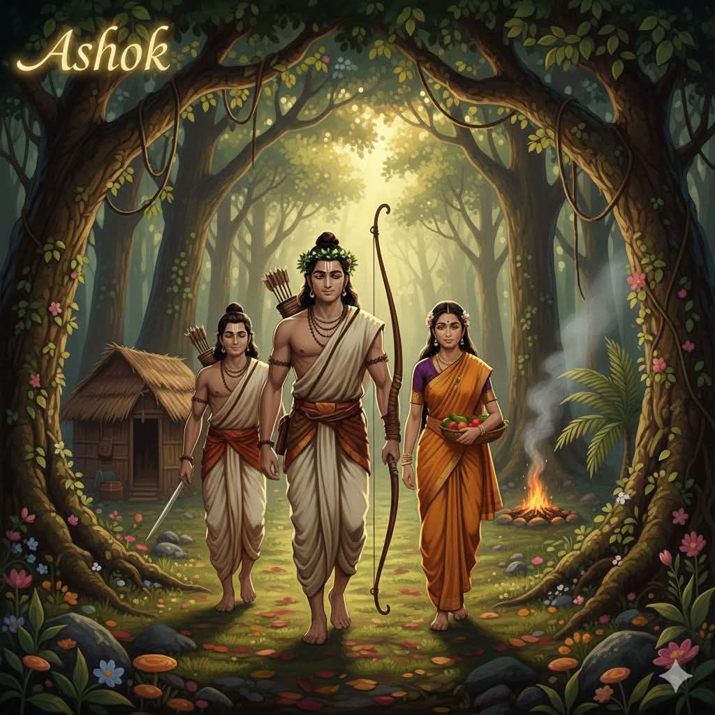 Lord Rama, Lakshmana, and Sita are depicted walking through a serene ...
