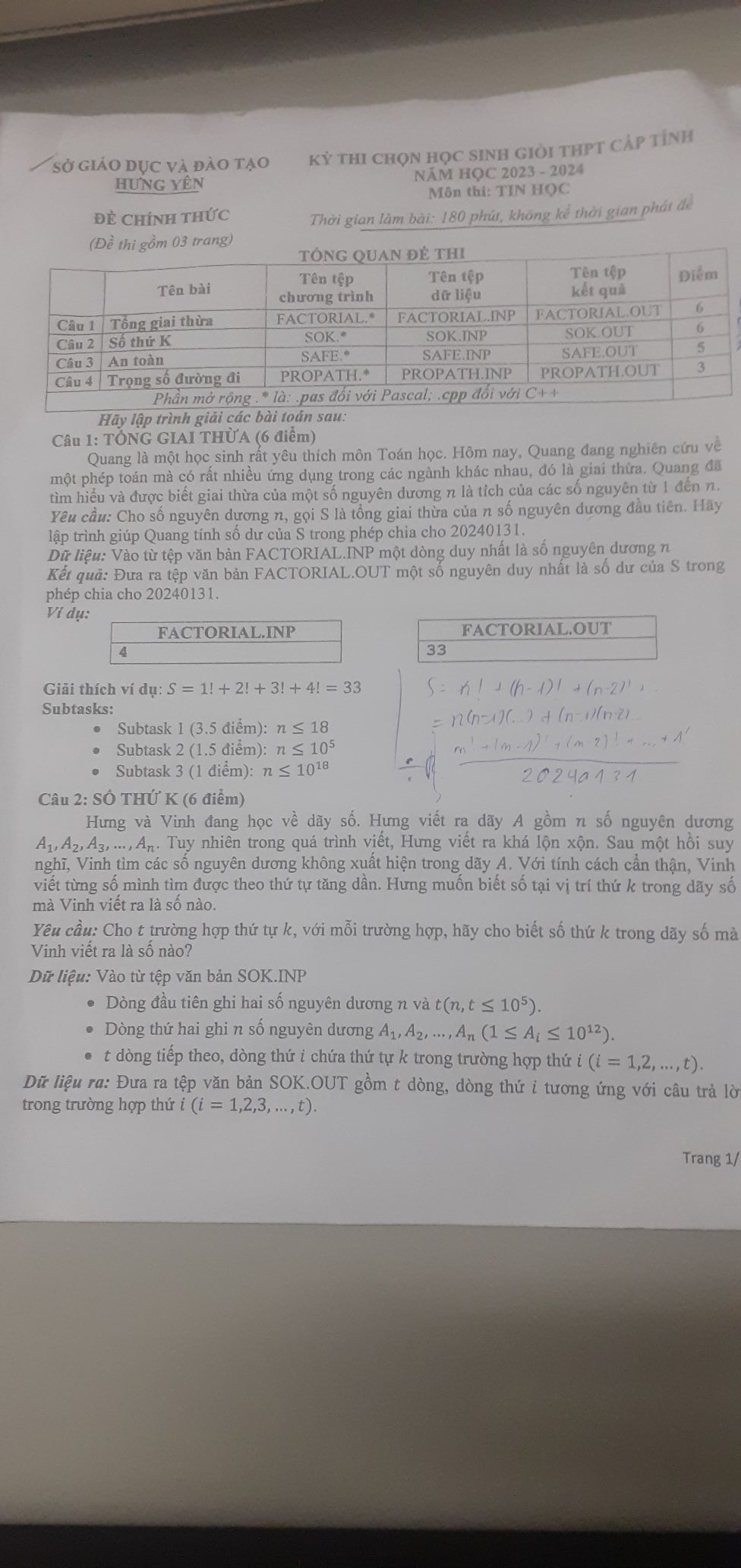 Thuật toán với C/C++, Pascal, Python | Đề hsg thpt tỉnh Hưng Yên năm ...