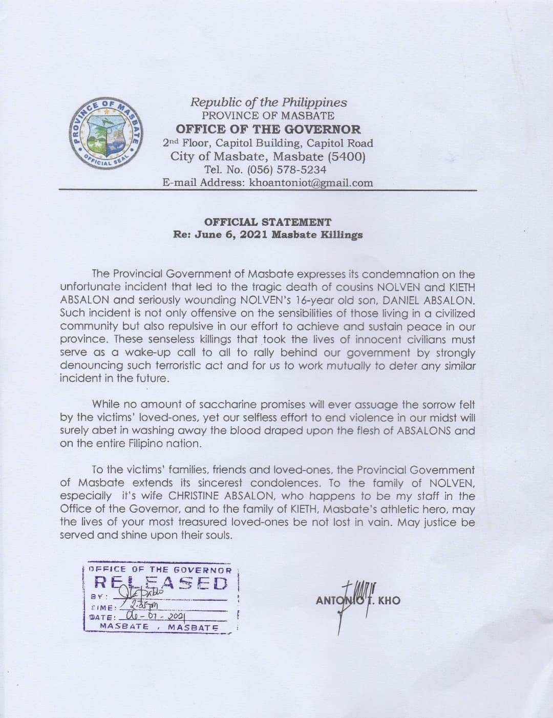 Tonton Kho - Official Statement of Governor Antonio Kho... | Facebook