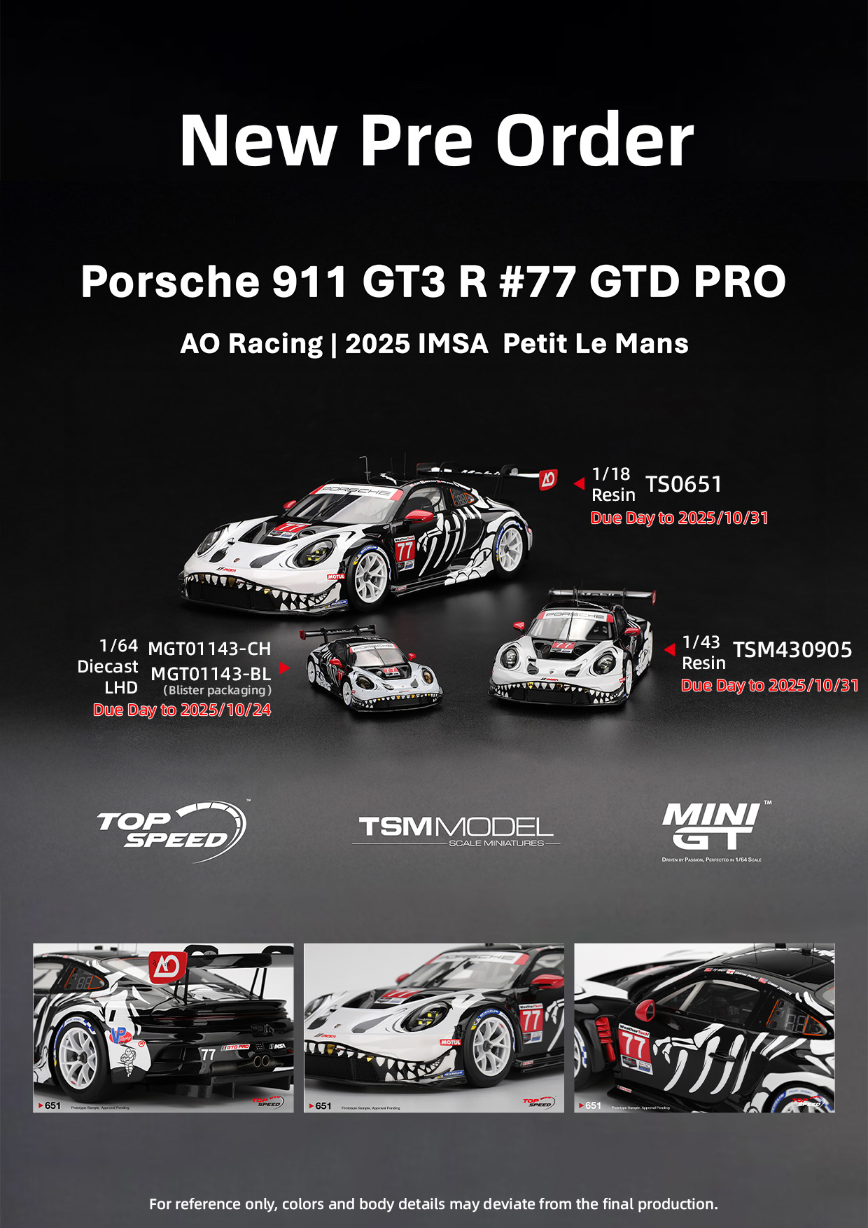 Mini GT 1:64 Porsche 911 GT3 R #77 AO Racing 2025 IMSA Petit Le 