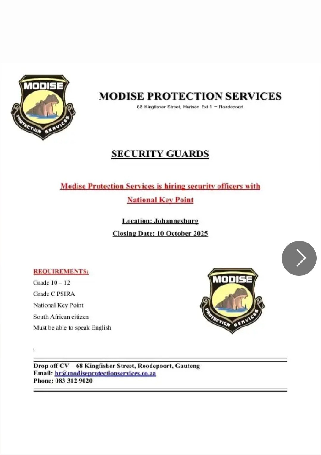 🔌Roodepoort (Gauteng Pronvice), Modise Protection Service Is Looking ...