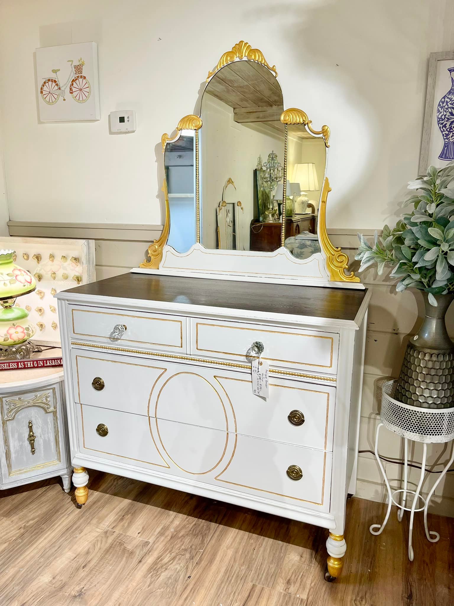 antique white dresser with gold trim A 6-drawer refurbished in hardware. Will make a nice addition to any bedroom. Dimensions 45L x 21D x 35H Available at the Canal Street Mall 181 Canal colour: black-bodycon-gold-hardware-detail-midi-dress