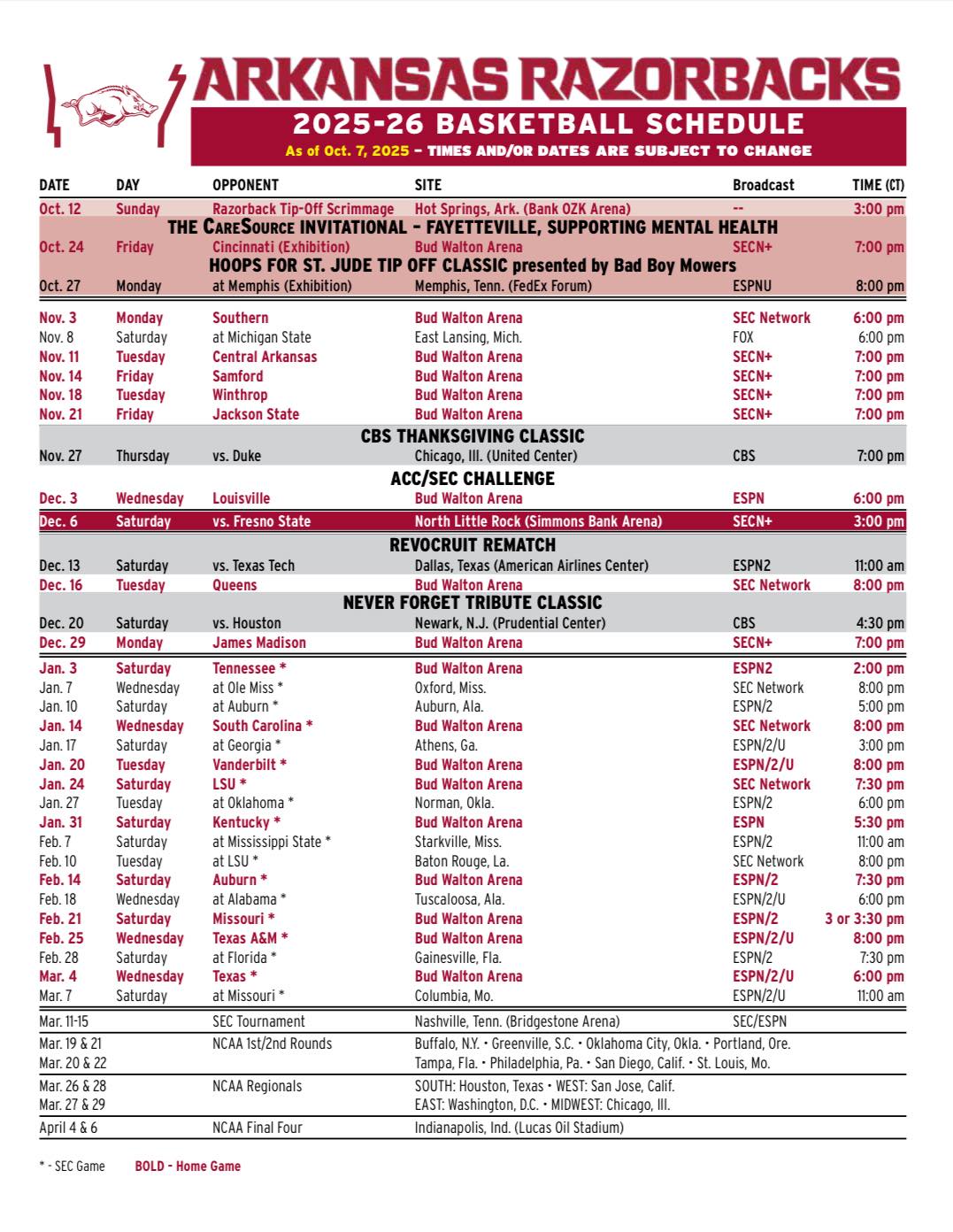 Arkansas Razorback Fans | MBB schedule with networks & times | Facebook