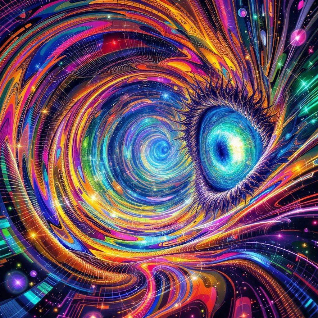 Fractal ophanim in darkened starry night, 3D visualization of