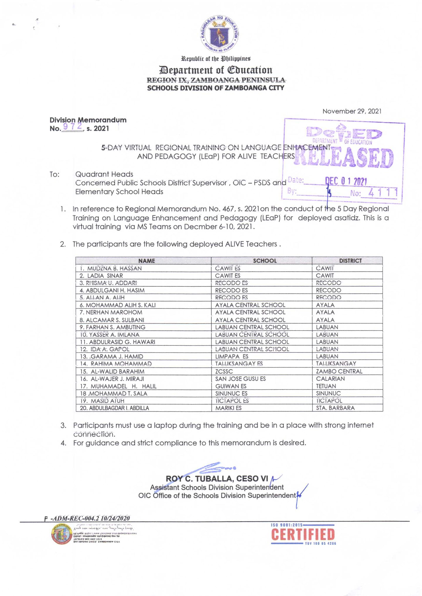 DepEd Tayo Zamboanga City - DIVISION MEMORANDUM NO. 972 s. 2021 5 DAY ...