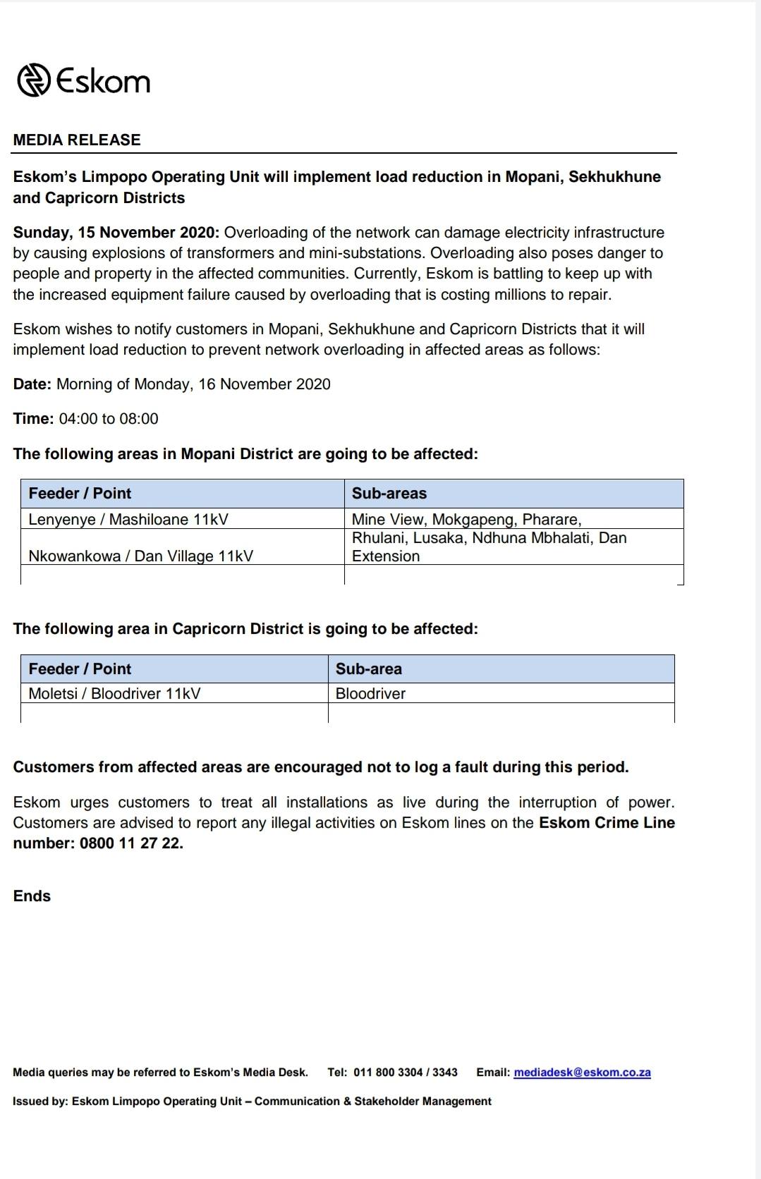 Eskom Hld SOC Ltd - Eskom Load Reduction Notice Date: 15 November 2020 ...