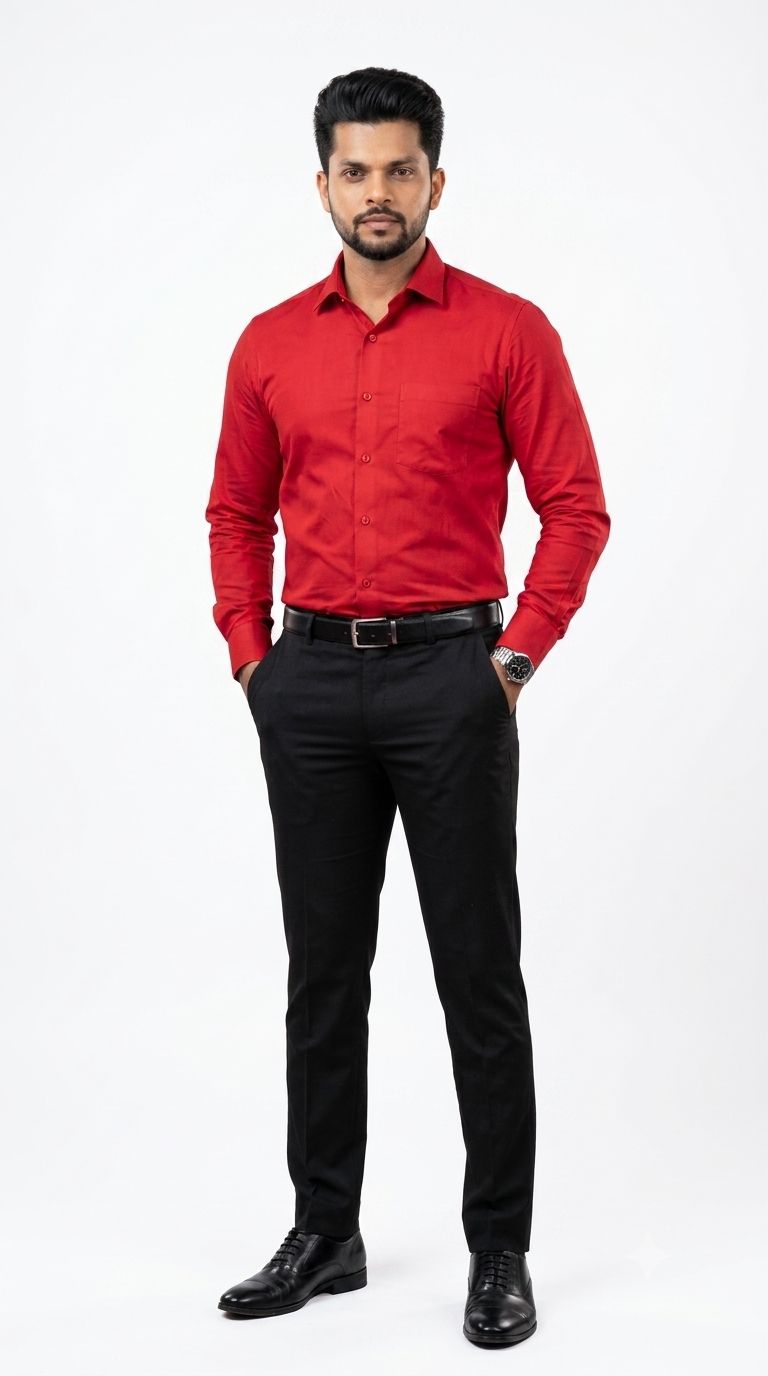 Leader's formal office style with red shirt and black pants