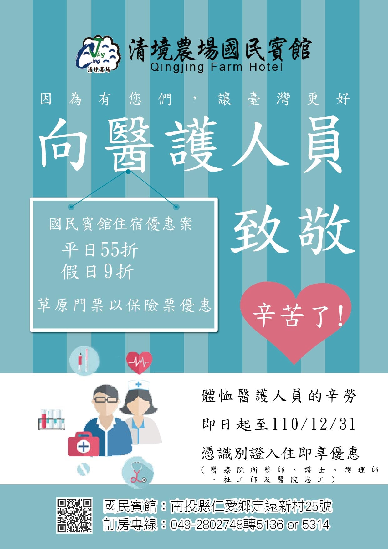 清境農場qingjing Farm 為感念醫護人員辛勞 特推出2021年優惠專案 一 適用身分 我國醫療院所醫師 護士 護理師 社工師及醫院志工 二 優惠期間 即日起至110年12月31日止 三 優惠內容 1 國民賓館住宿享平日定價55折 假日定價9折優惠 含國定例假日及寒暑假