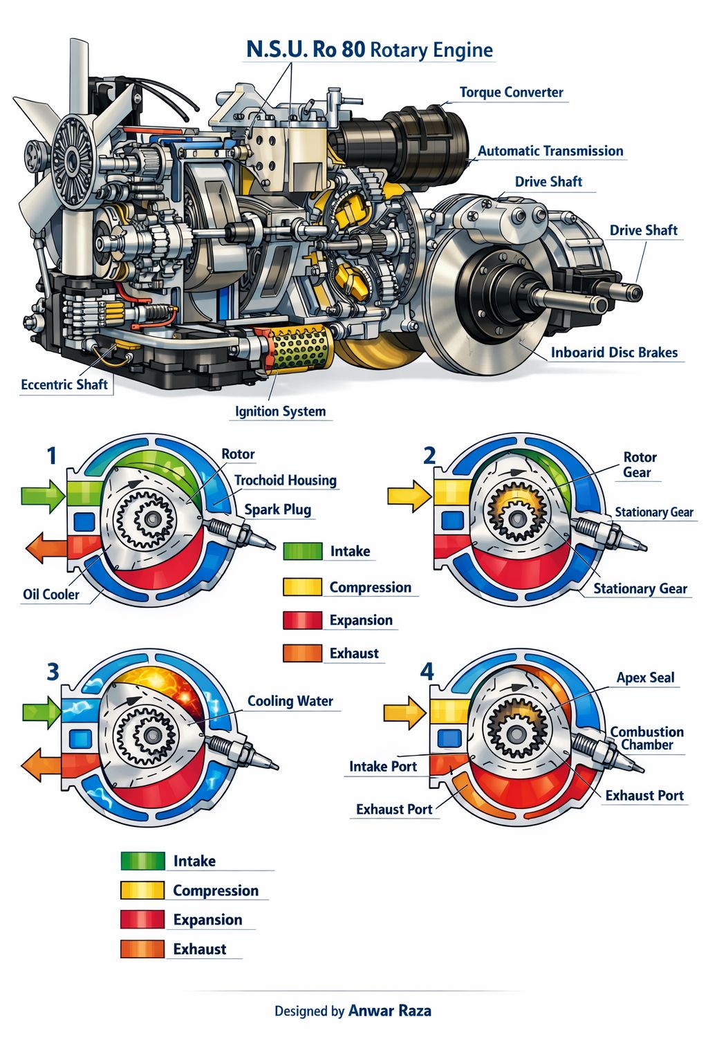 NSU Ro 80 Wankel engine cutaway illustration