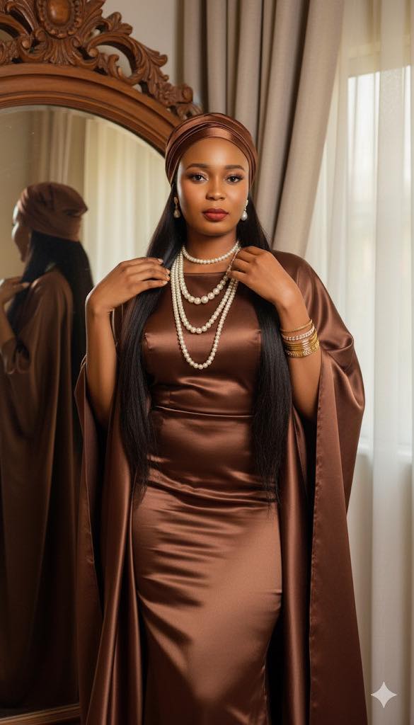 jewellery with brown dress Stunning woman in satin gown and pearls Meredith Grey at Grey's Bronze dress Occasion:Recovery Size Guide:12