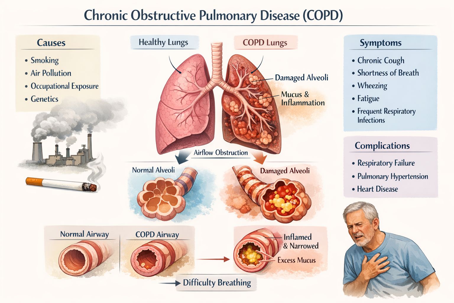 UNDERSTANDING CHRONIC OBSTRUCTIVE PULMONARY DISEASE (COPD) Chronic Obstructive Pulmonary Disease (COPD) is a long-term, progressive lung disease that makes it difficult to breathe. It occurs when the airways become inflamed and narrowed