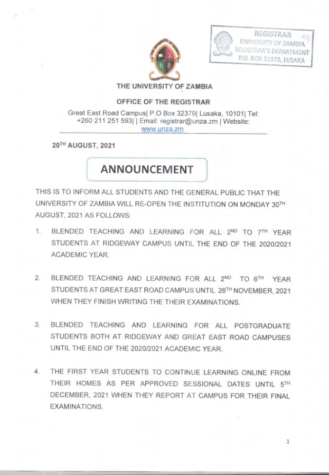 ANNOUNCEMENT ON RE -... - The University of Zambia -UNZA | Facebook