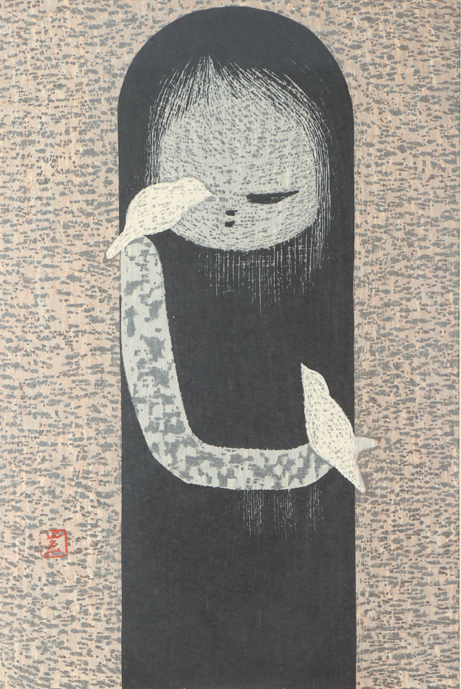 Birds' [鳥], a 1960 (Shōwa 35) woodblock print, by Ono Tadashige