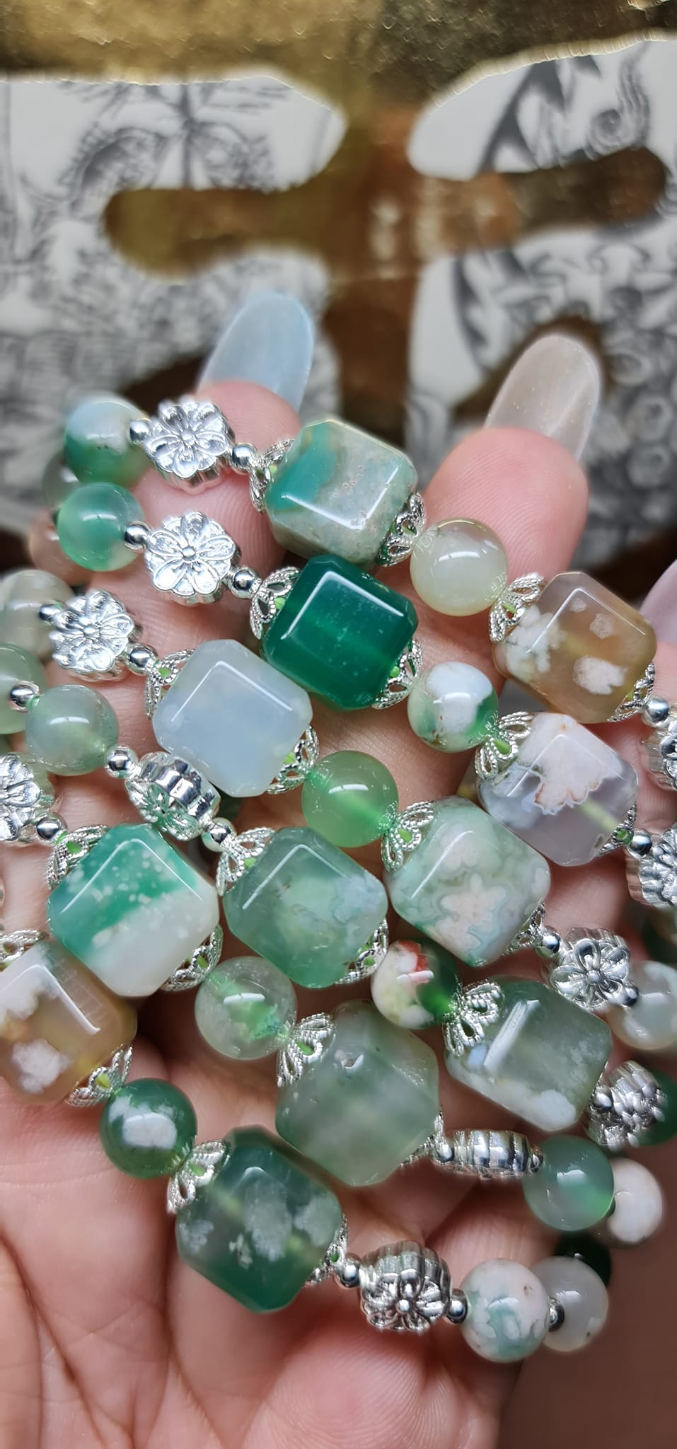 Green Sakura Agate Cube Design Bracelet SOLD OUT 绿樱花玛瑙方糖