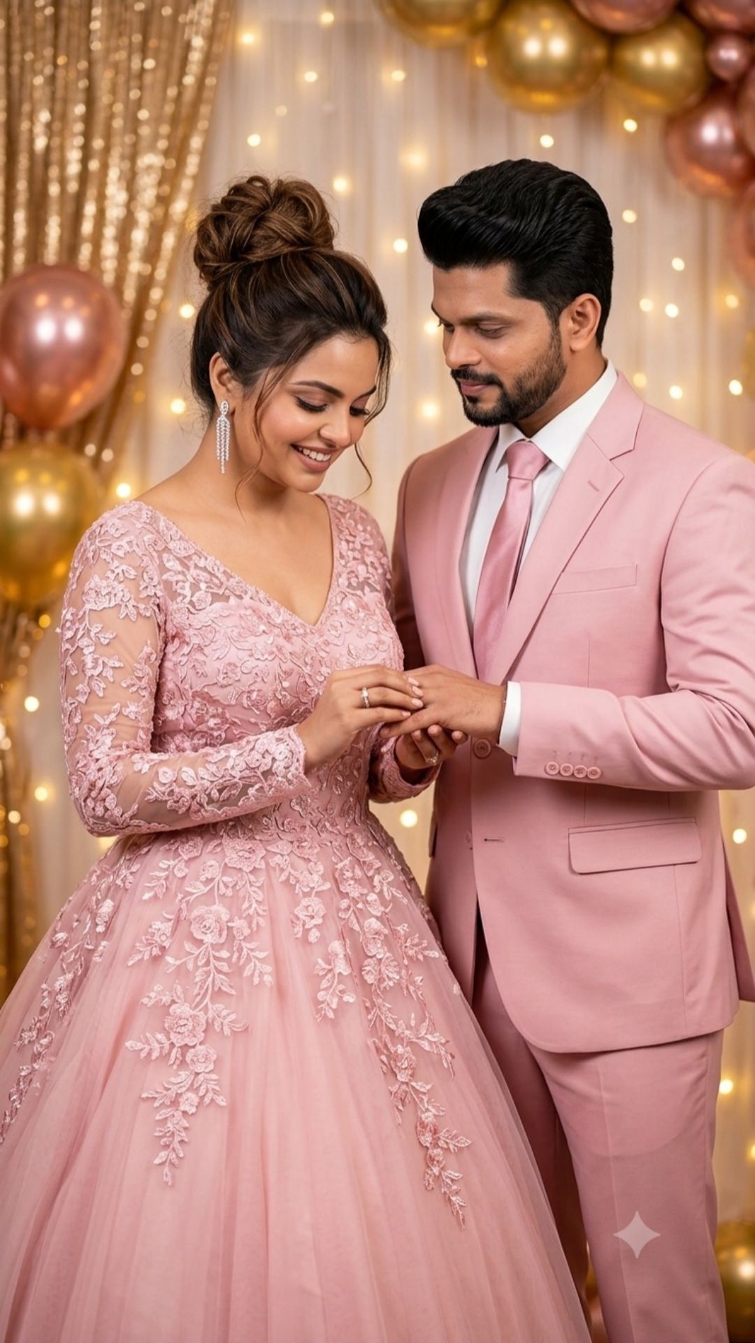 engagement couple dress pink Couple's outfit with lace gown and gold balloons Blush Pink Wedding Gown Colour:champagne Bride groom homecoming dressed Boho Bliss Tie-Dye Sleeveless
