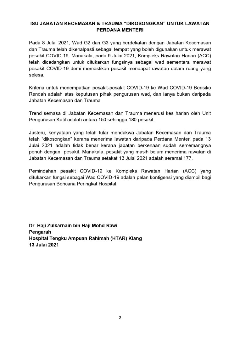 Kenyataan Hospital Tengku Hospital Tengku Ampuan Rahimah Facebook