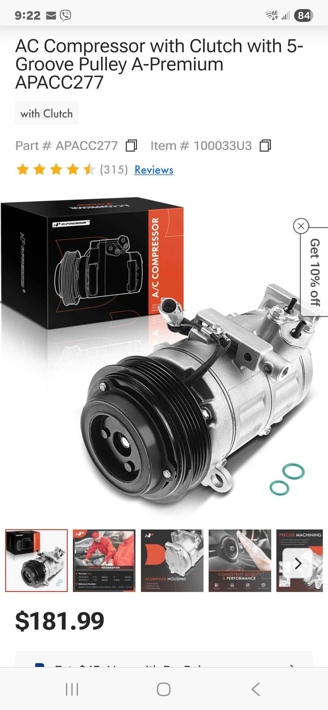 A/C Compressor w/ 6-Groove Pulley & Clutch for Kia Forte5 Soul Hyundai Elantra