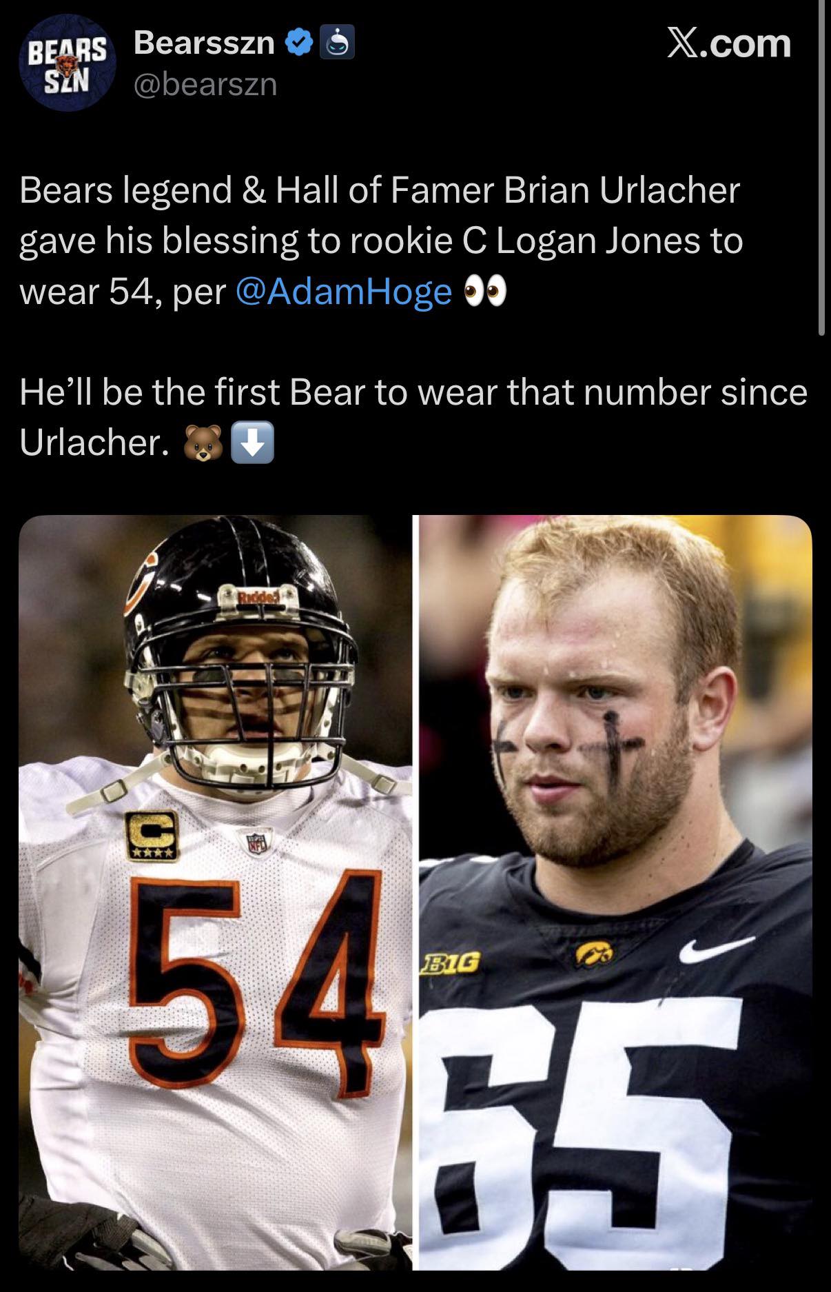 Bears legend Brian Urlacher's number 54 worn again
