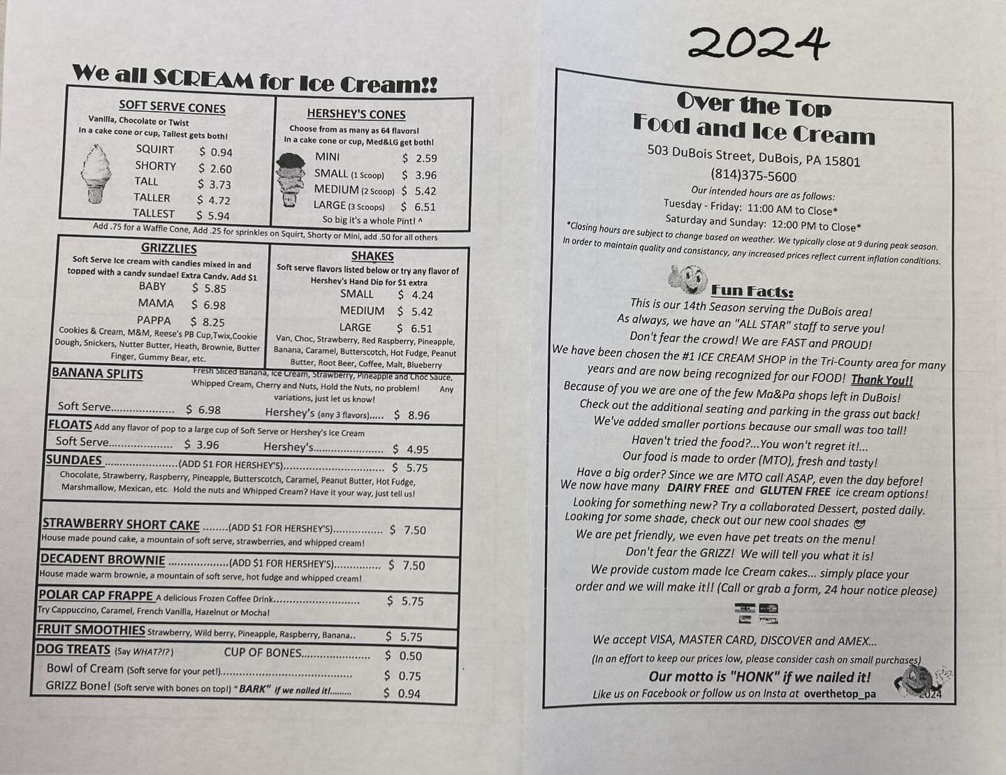 Over the Top - Our 2024 menu! 😊