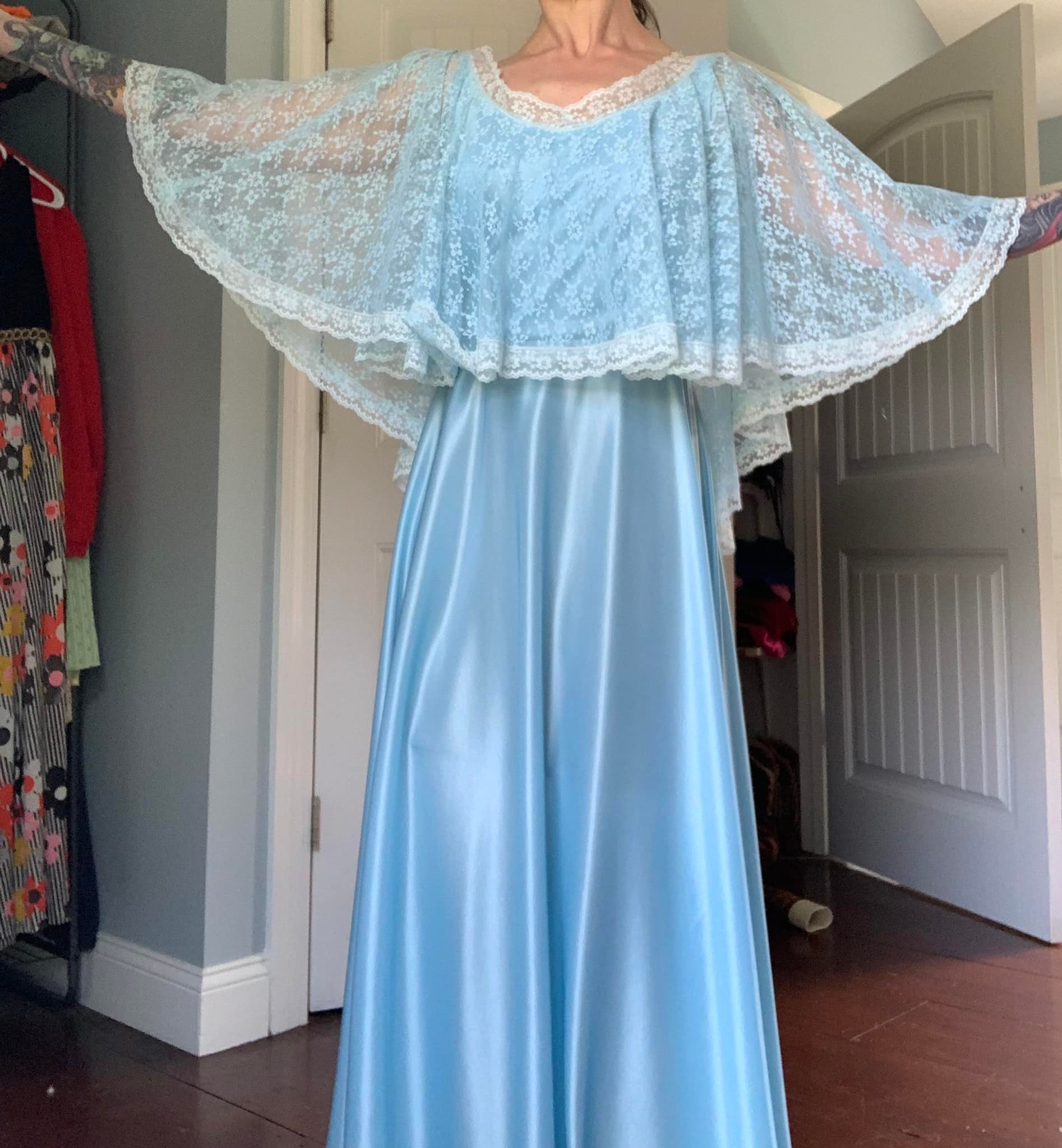 SOLD 💙 Darling 1970s vintage pale blue gown / prom dress with lace overlay. Reminds me of butterfly wings 💙 This one is in overall really good vintage condition. There's discoloration in