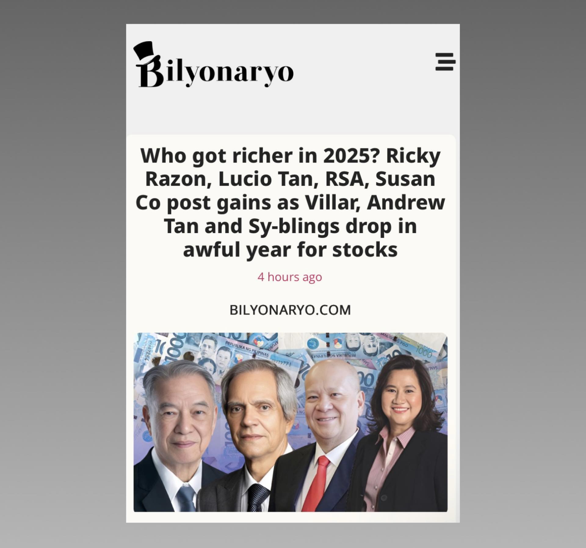 EB - Don Enrique Razon topped them all. EKR’s net worth grew by 23% or ...