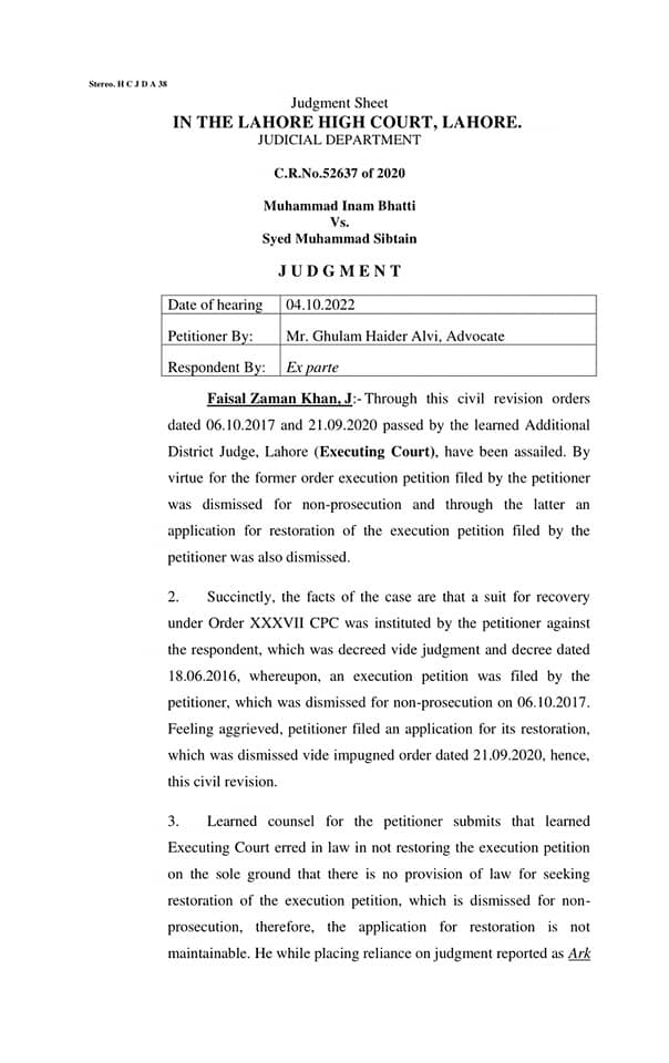Execution Application can not be dismissed on non-prosecution 2018