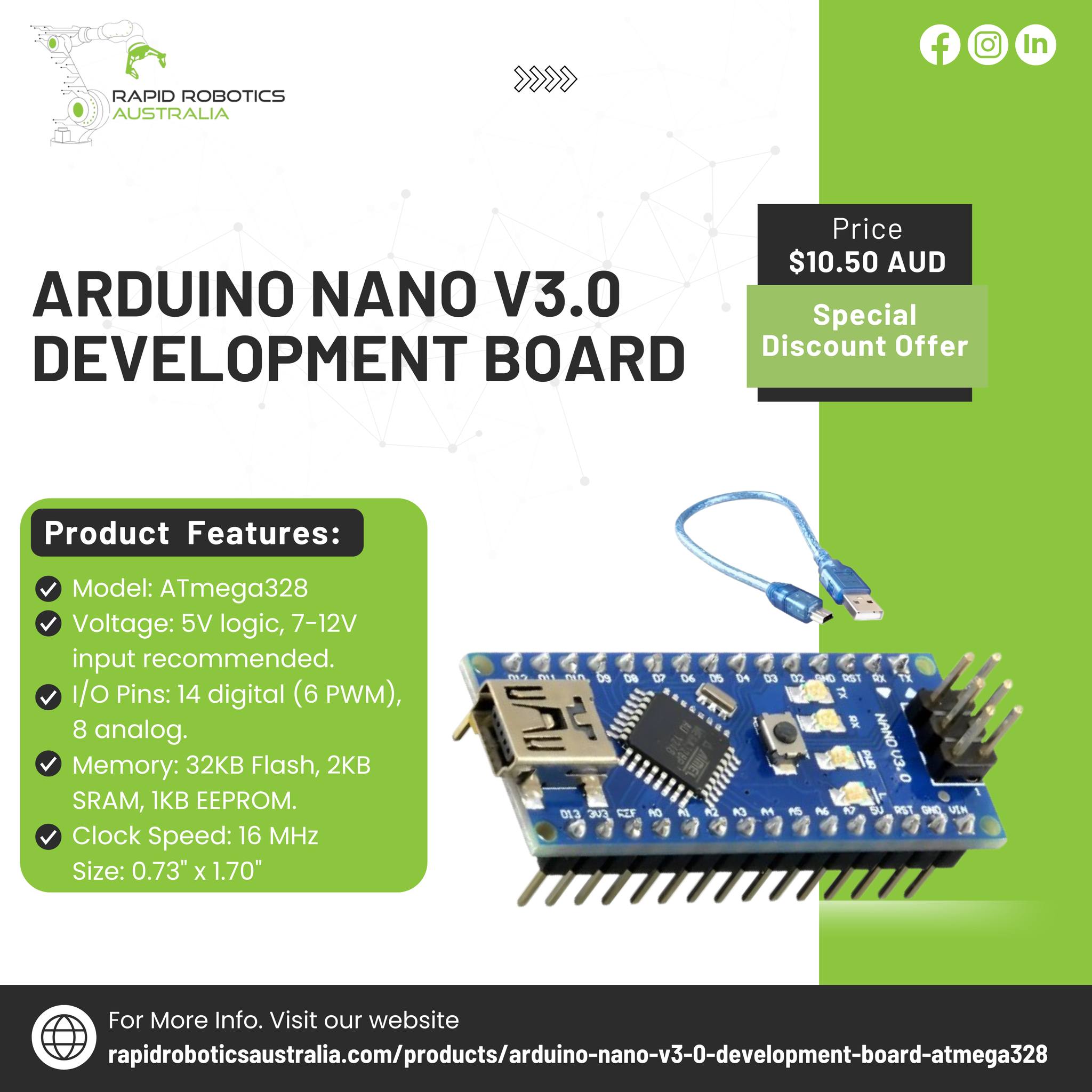 Rapid - Arduino Nano V3.0 Development Board (ATMEGA328) Features ...