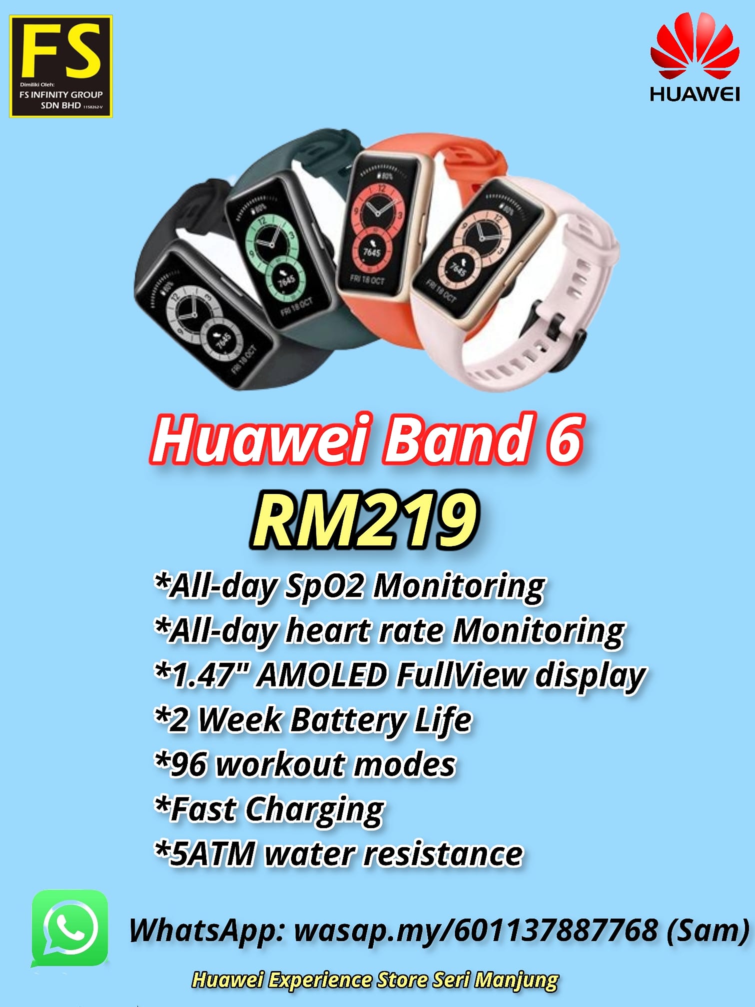 Huawei Experience Store Manjung Fatt Soon Enterprise Hurry Up Huawei Band 6 Rm219 4 Color Ready Stick 1 47 Amoled Fullview Display 2 Week Battery Life 96 Workout Modes Fast