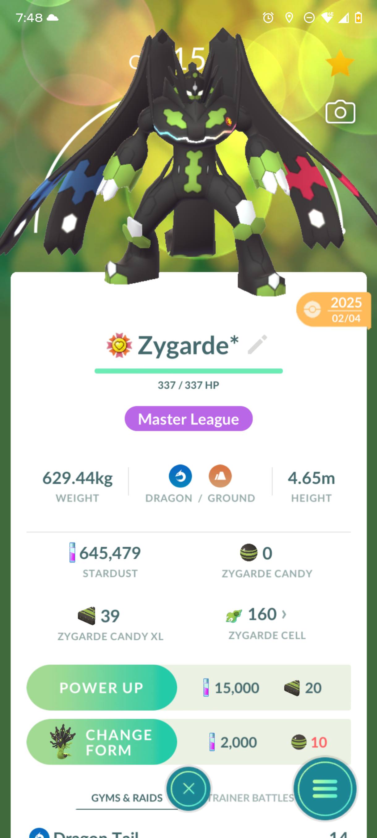 1XL away from maxing it out 7:48 CP 2025 02/04 Zygarde 337/337 HP